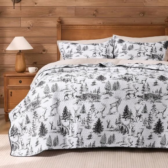 2-Piece Lodge Bed Cover Quilt with 1 Pillow Sham for All Season, White & Black - Picture 1 of 7